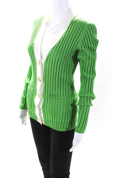 Tory Burch Womens Green White Ribbed Long Sleeve Cardigan Sweater Top Size S