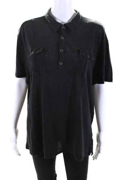 John Varvatos Womens Cotton Jersey Knit Collared Henley Shirt Top Black Size 2XL