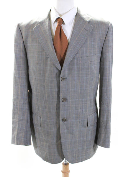 Super 110's Mens Brown Wool Plaid Three Button Long Sleeve Blazer Size 54