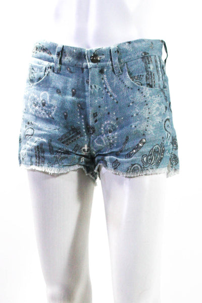 IRO Jeans Womens Zipper Fly Fringe Paisley Linen Short Shorts Blue Size FR 36