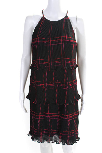 DKNY Womens Red Black Pleated Layered Crew Neck Sleeveless Mini Dress Size 10