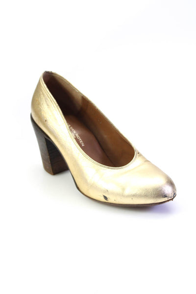Dries Van Noten Womens Block Heel Metallic Pumps Gold Tone Leather Size 36