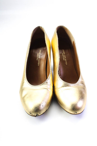 Dries Van Noten Womens Block Heel Metallic Pumps Gold Tone Leather Size 36