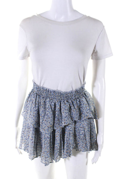 Love Shack Fancy Womens Tiered Floral Mini Silk Skirt Blue Size Extra Small