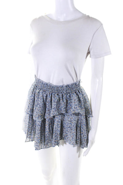 Love Shack Fancy Womens Tiered Floral Mini Silk Skirt Blue Size Extra Small