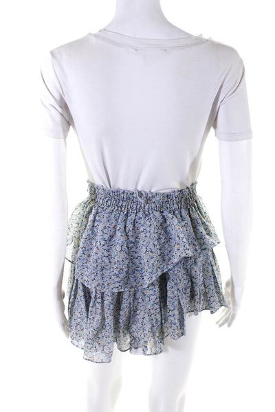 Love Shack Fancy Womens Tiered Floral Mini Silk Skirt Blue Size Extra Small