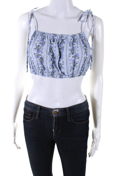 Love Shack Fancy Womens Spaghetti Strap Floral Crop Top Blue Size Small