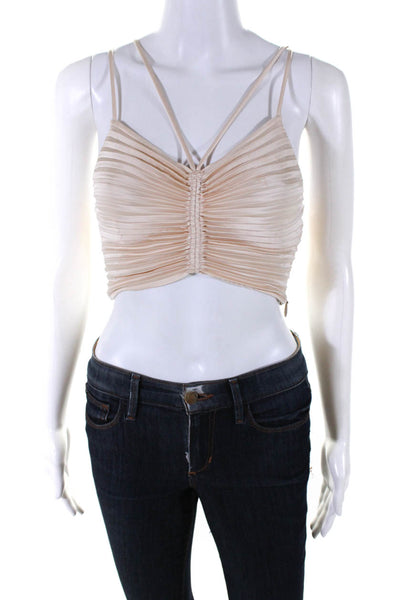 ALC Womens Strappy V Neck Pleated Satin Crop Top Beige Size 0