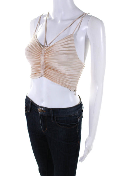 ALC Womens Strappy V Neck Pleated Satin Crop Top Beige Size 0