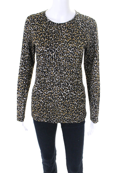 J. Mclaughlin Womens Animal Print Round Neck Long Sleeve Blouse Top Tan Size M