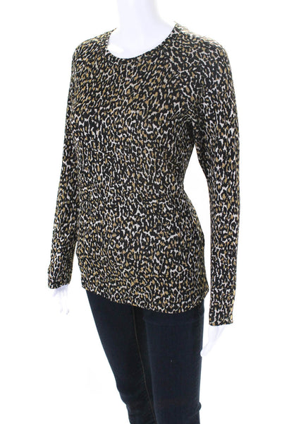 J. Mclaughlin Womens Animal Print Round Neck Long Sleeve Blouse Top Tan Size M