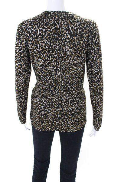 J. Mclaughlin Womens Animal Print Round Neck Long Sleeve Blouse Top Tan Size M