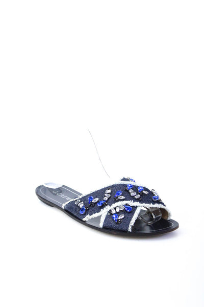 J Crew Womens Denim Cross Strap Jeweled Slide On Sandals Blue Size 8