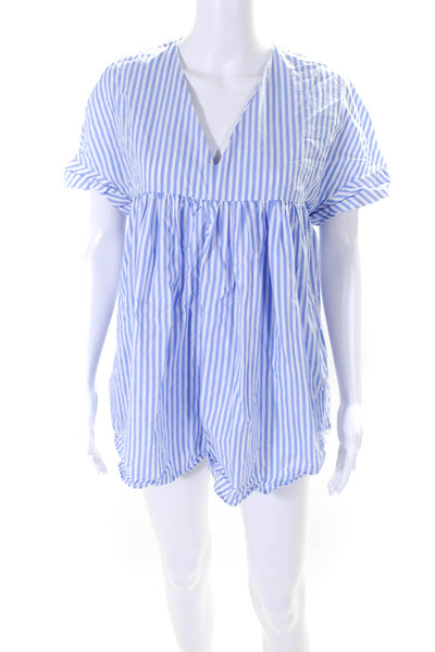 Les Canebiers Women's V-Neck Cap Sleeve Cutout Back Romper Blue Stripe Size S