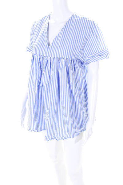 Les Canebiers Women's V-Neck Cap Sleeve Cutout Back Romper Blue Stripe Size S