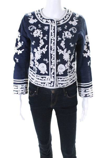 Parker Women's Round Neck Long Sleeves Embroidered Full Zip Jacket Blue Size XS