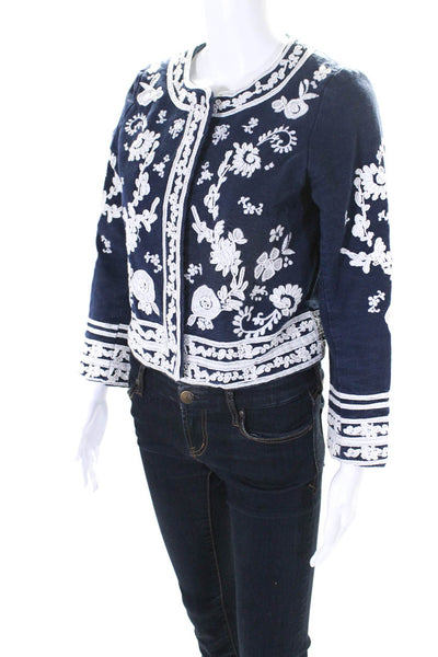 Parker Women's Round Neck Long Sleeves Embroidered Full Zip Jacket Blue Size XS