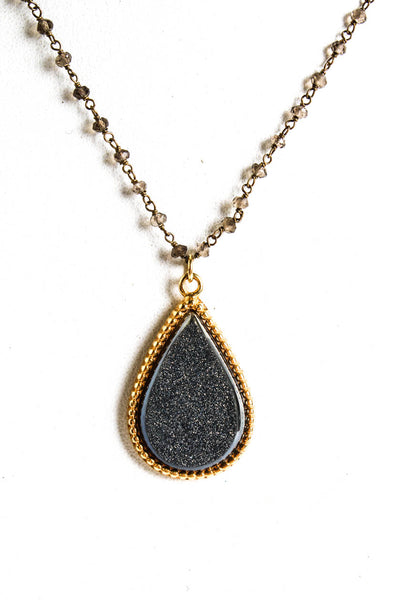 Marcia Moran Womens Beaded Gold Tone Black Druzy Tear Drop Pendant Necklace 17"