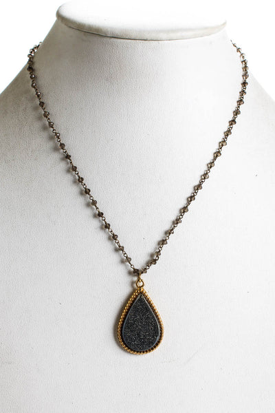 Marcia Moran Womens Beaded Gold Tone Black Druzy Tear Drop Pendant Necklace 17"