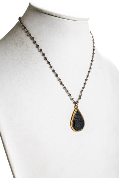 Marcia Moran Womens Beaded Gold Tone Black Druzy Tear Drop Pendant Necklace 17"