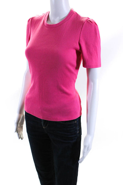 Cinq à Sept Womens Pink Ribbed Cotton Crew Neck Short Sleeve Tee Top Size L