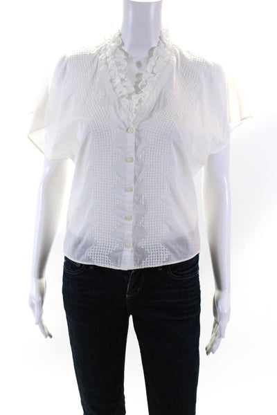 Joie Womens White Cotton Textured Ruffle V-Neck Short Sleeve Blouse Top Size S