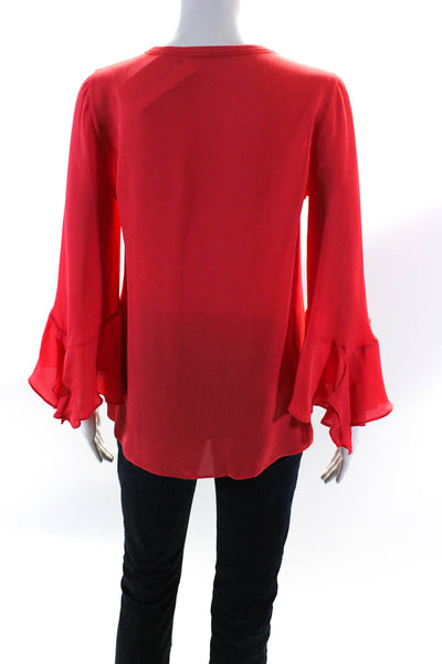 Kobi Halperin Womens Red Silk Crew Neck Bell Long Sleeve Blouse Top Size XS