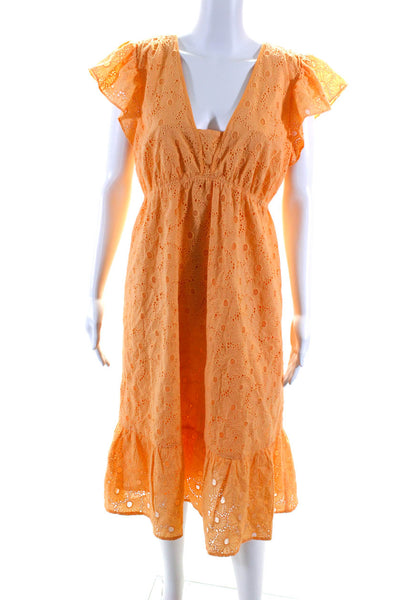 Rails Womens Eyelet V Neck Flutter Sleeves Sun Dress Orange Size Medium