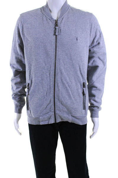 Allsaints Mens Long Sleeve Front Zip Crew Neck Sweater Gray Cotton Size XL