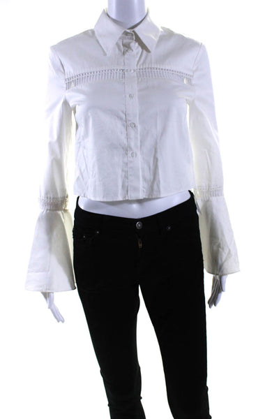 N/Nicholas Womens Button Front Collared Open Knit Trim Shirt White Cotton Size 0