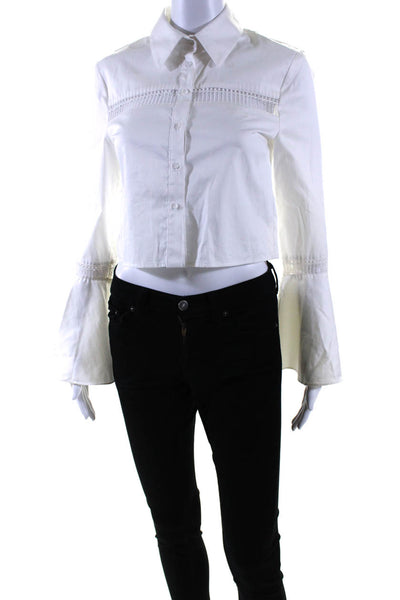 N/Nicholas Womens Button Front Collared Open Knit Trim Shirt White Cotton Size 0