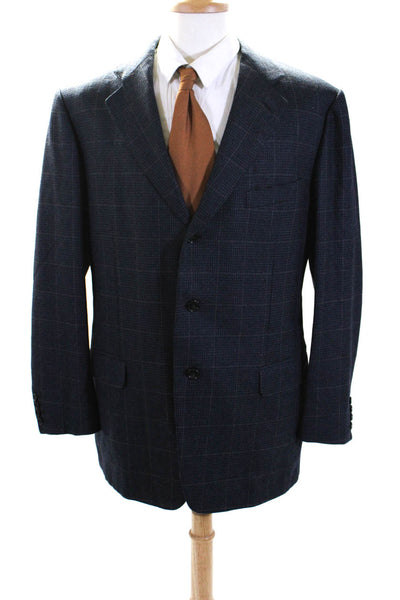 Ermenegildo Zegna Mens Navy Wool Plaid Two Button Long Sleeve Blazer Size 54