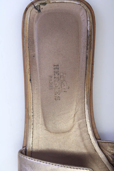 Hermes Womens Oran Metallic Leather Open Toe Slide On Sandals Taupe Size 37 7