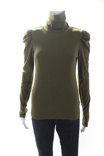 Veronica Beard Womens Cotton Ribbed Puff Sleeve Turtleneck Top Green Size S