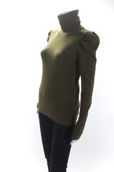 Veronica Beard Womens Cotton Ribbed Puff Sleeve Turtleneck Top Green Size S