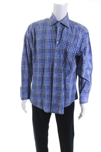 Etro Mens Cotton Plaid Print Collared Buttoned Long Sleeve Top Blue Size EUR44