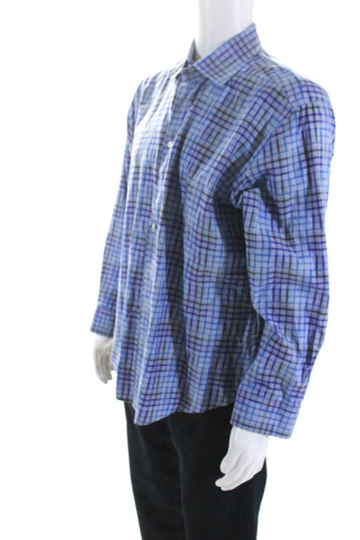 Etro Mens Cotton Plaid Print Collared Buttoned Long Sleeve Top Blue Size EUR44