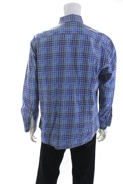 Etro Mens Cotton Plaid Print Collared Buttoned Long Sleeve Top Blue Size EUR44