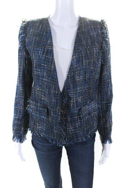 Juliette Jake Womens Tweed Fringe Trim Open Front Jacket Blue Black Size Medium