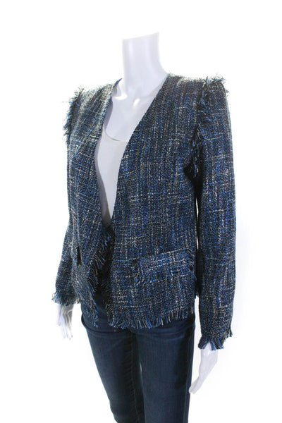 Juliette Jake Womens Tweed Fringe Trim Open Front Jacket Blue Black Size Medium