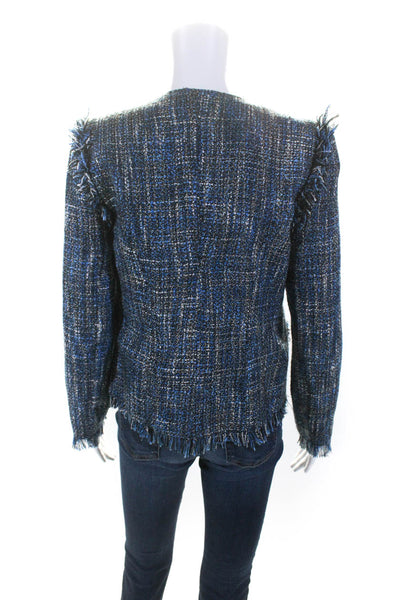 Juliette Jake Womens Tweed Fringe Trim Open Front Jacket Blue Black Size Medium