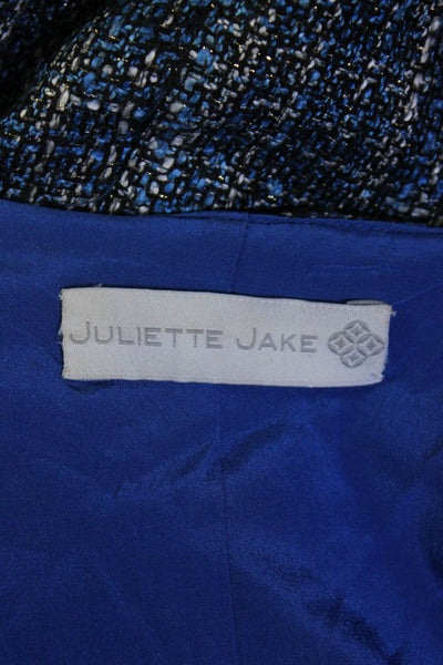 Juliette Jake Womens Tweed Fringe Trim Open Front Jacket Blue Black Size Medium