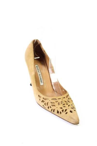 Manolo Blahnik Womens Suede Laser Cut Pointed Toe Pumps Brown Size 37.5 7.5