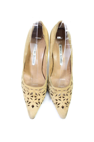 Manolo Blahnik Womens Suede Laser Cut Pointed Toe Pumps Brown Size 37.5 7.5