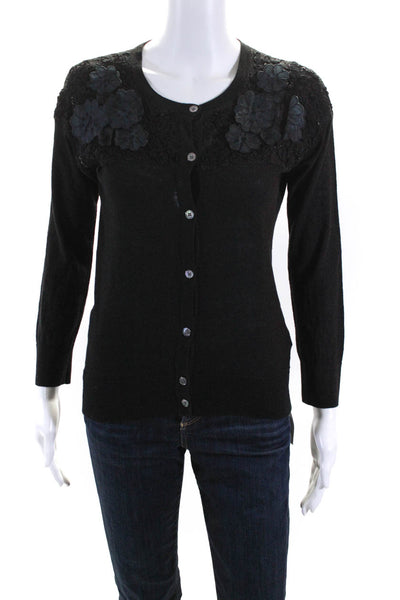 DKNY Womens Silk Floral Applique Button Down Cardigan Sweater Black Size Petite