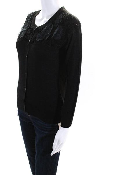 DKNY Womens Silk Floral Applique Button Down Cardigan Sweater Black Size Petite