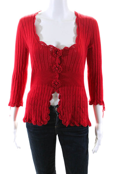 Nanette Lepore Womens Scoop Neck Long Sleeves Button Cardigan Sweater Red Size L
