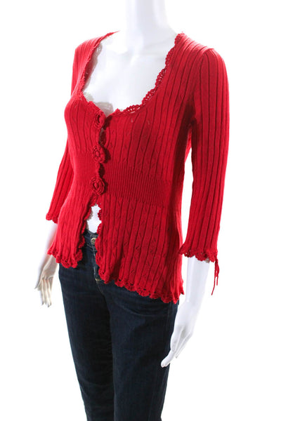 Nanette Lepore Womens Scoop Neck Long Sleeves Button Cardigan Sweater Red Size L