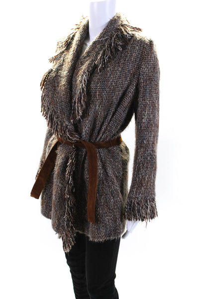 Intermix Womens Knit Unlined Fringe Hem Belted Cardigan Jacket Brown Size P