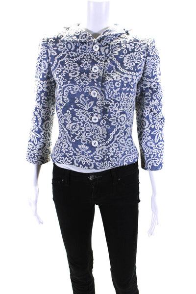 Peggy Jennings Womens Brocade Floral Collar Button Up Jacket Blazer Blue Size S